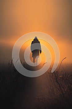 Lonely man walking in barren arid plain landscape