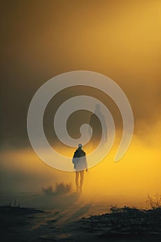 Lonely man walking in barren arid plain landscape