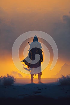Lonely man walking in barren arid plain landscape