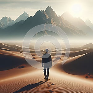 A lonely man walking in the desert.