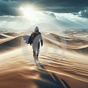 A lonely man walking in the desert.