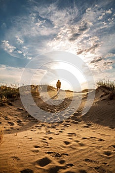 Lonely man walking in the desert dunes at sunset