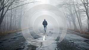 Lonely man walking in fog away road. Rural landscape with road in morning mist. Warm autumn colors. Dark mysterious background