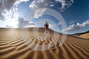 Lonely man walks in desert dunes