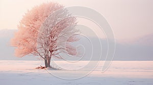 Lonely Maple Tree In Snowfield: Dreamy Atmosphere And Romantic Riverscapes photo