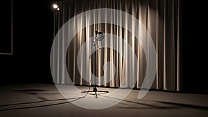 Lonely Microphone On Empty Theater Stage Under Spotlight