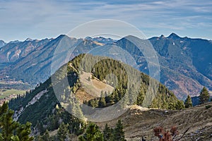 Lonely mountain landscape in the alps. Panoramic mountain landscape during sunset