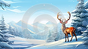 Lonely noble deer mail with big horns against winter fairy forest at sunset. ai generative