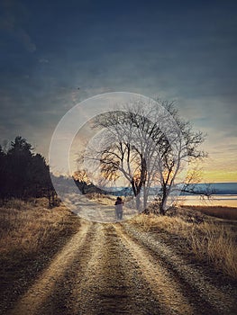 Lonely nomad person walking a country road. Moody and calm evening scene. Wanderer silhouette on trail. Cold season idyllic rural