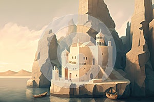 A Lonely old Castle On a White Cliff in Sea, Cycladic Castle, Fabulous Citadel, Abstract Generative AI Illustration