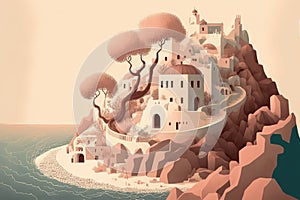 A Lonely old Castle On a White Cliff in Sea, Cycladic Castle, Fabulous Citadel, Abstract Generative AI Illustration