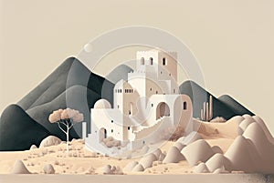 A Lonely old Castle On a White Cliff in Sea, Cycladic Castle, Fabulous Citadel, Abstract Generative AI Illustration