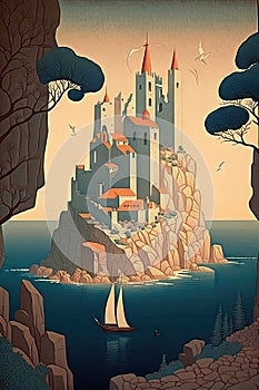 A Lonely old Castle On a White Cliff in Sea, Cycladic Castle, Fabulous Citadel, Abstract Generative AI Illustration