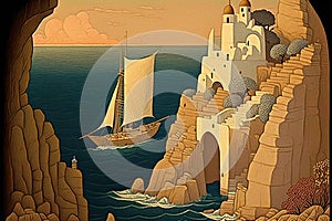 A Lonely old Castle On a White Cliff in Sea, Cycladic Castle, Fabulous Citadel, Abstract Generative AI Illustration