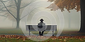 A lonely old man with hat is sitting alone on a park bench in autumn