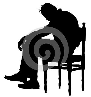 Lonely old man sitting on chair in vector silhouette illustration. Worried senior person. Desperate retiree looking down.