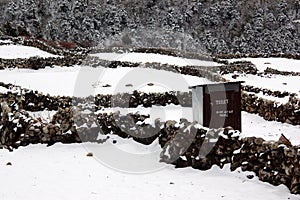 Lonely outdoor toilet on a snowy day