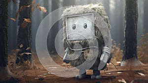 Lonely Packaging Robot In The Woods: A Playful Cubo-futuristic Character Design photo