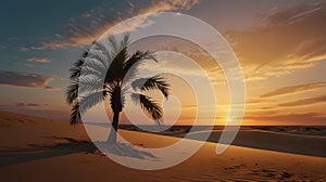 Lonely palm tree silhouette on a sand dune