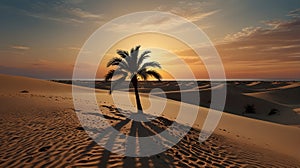 Lonely palm tree silhouette on a sand dune