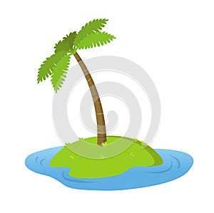 Lonely palm tree on a small uninhabited island. Flat vector illustration. Isolated on white background.