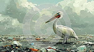 Lonely Pelican amidst plastic waste and cloudy skies: a powerful contrast of nature and pollution