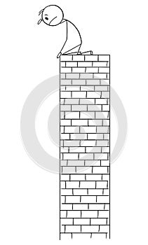 Lonely Person Alone on High Tower, Loneliness or Solitude, Vector Cartoon Stick Figure Illustration