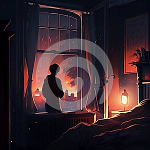 Lonely person on balcony at night digital art photo