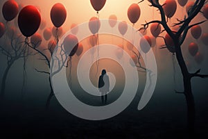 lonely person stand in mystic foggy landscape with balloons AI generated