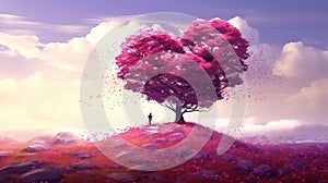 a lonely person standing in front of a big giant tree in the silhouette of a heart, ai generated image