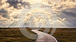 Lonely person walks along a path into the sun rays