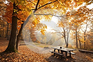 Lonely picnic place in autumn forest at sunny day photo