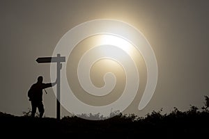 Lonely Pilgrim with backpack, the Camino de Santiago in Spain