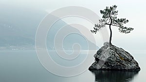 Lonely pine tree on cliff top on lake background, scenic view of mountains in summer, amazing landscape with misty rock and water