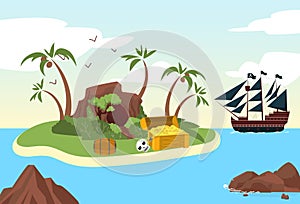 Lonely pirate harbour ocean sea, ship raider moored isle, gold money treasure island, bandit shelter flat vector