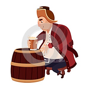 Lonely pirate having rest with beer pint on white