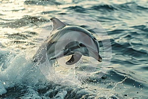 A lonely playful dolphin surfs the waves of the ocean, the dolphin jumps above the surface of the water