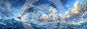 A lonely playful dolphin surfs the waves of the ocean, the dolphin jumps above the surface of the water, banner