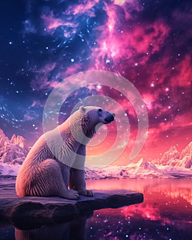 Lonely polar bear looking at pink Northern lights