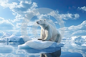 Lonely polar bear standing on an ice floe with blue cool colors. Generative AI