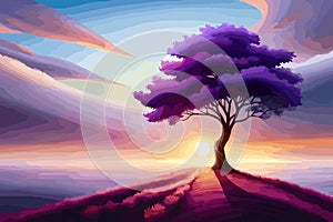 Lonely purple tree on the peak of a mountain at sunrise, beautiful horizon background, vector illustration, generative ai