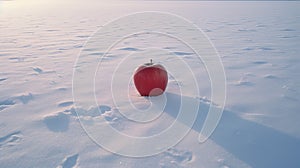 Lonely Red Apple On Snowfield: Leica M6 Style With Soft Romantic Scenes