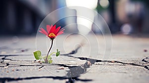 A lonely red flower grows from a crack in the asphalt road. Neutral blurred background. Place for text.
