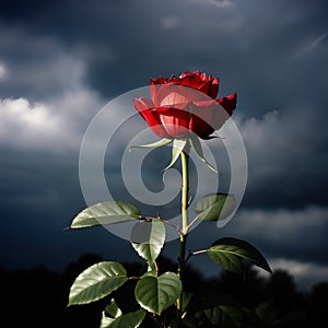 A lonely red rose against a background of dark storm clouds. Generative AI