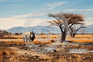 A lonely rhino in the plain of the Etosha National Park of Namibia