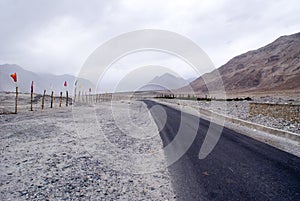 A lonely road in the cold deserts of Nubra Valley