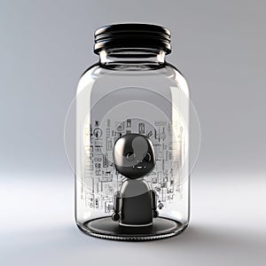 Lonely Robot Character Trapped in a Glass Jar: A Symbol of Isolation