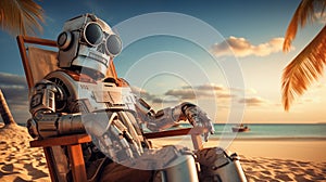 Lonely Robot sitting on beach chair at the beach in sunset, Generative AI