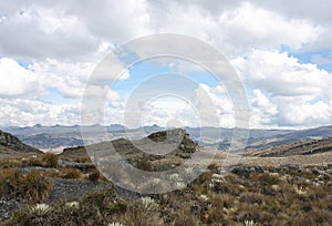 Lonely Rock Hill with frailejones and Andes Mountains on Sumapaz Paramo