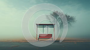 Lonely Rural Bus Stop in Misty Setting. Generative AI